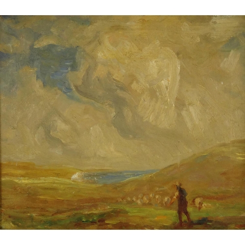 1329 - Oil onto canvas of a farmer with his sheep before a landscape setting, framed, 34cm x 30cm excluding... 