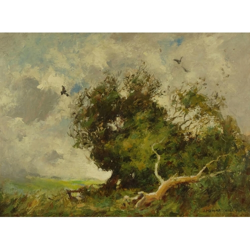 1347 - John Howard Hale - Oil onto board of a trees before a landscape setting, paper labels to the reverse... 