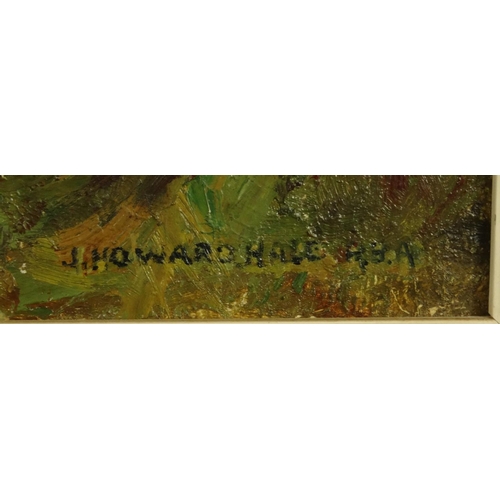 1347 - John Howard Hale - Oil onto board of a trees before a landscape setting, paper labels to the reverse... 