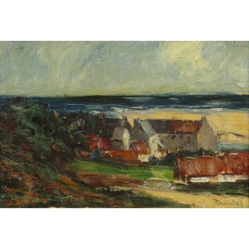 1344 - Oil onto board of a view from a hillside overlooking a seaside town, bearing a signature Dunlop, gil... 