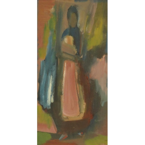 1342 - Oil onto board abstract composition of a standing lady, bearing an inscription to the reverse 'Eric ... 