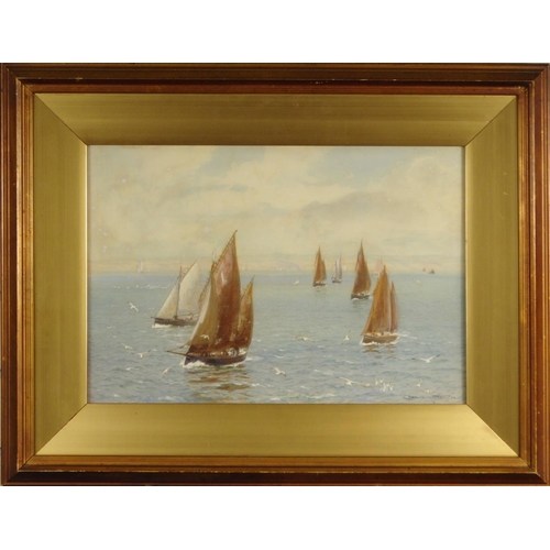 1317 - Charles Mottram - Newlyn style watercolour of rigged boats at sea, dated 08, label to the reverse, m... 