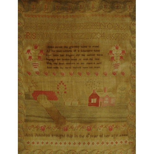 155 - Oak framed 19th century sampler of a house and bridge, Ann Johnson wrought this at the age of 10, da... 