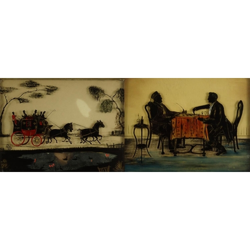 221 - Two Victorian reverse glass silhouette paintings - one of two gentleman playing chess, the other of ... 