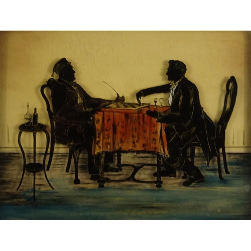 221 - Two Victorian reverse glass silhouette paintings - one of two gentleman playing chess, the other of ... 