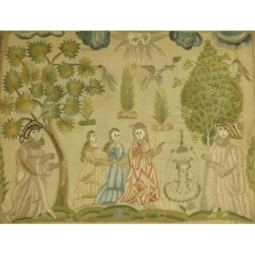 153 - Antique silkwork of a Continental religious scene, Rowley label to the reverse, framed, 35cm x 26cm ... 