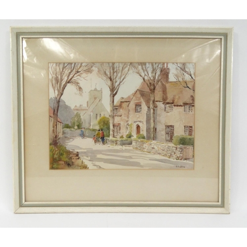 432 - Watercolour view of a street before a church, signed E.E. Willis, mounted and framed, 35cm x 26cm ex... 