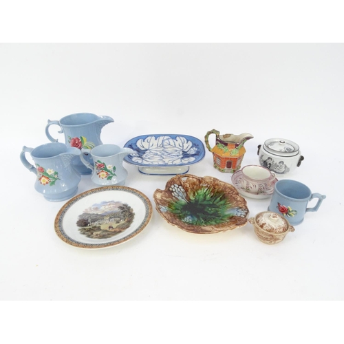 523 - Assorted Victorian china including graduated set of three jugs, lustre cup and saucer, Majolica dish... 