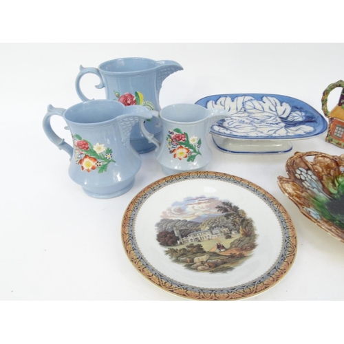 523 - Assorted Victorian china including graduated set of three jugs, lustre cup and saucer, Majolica dish... 