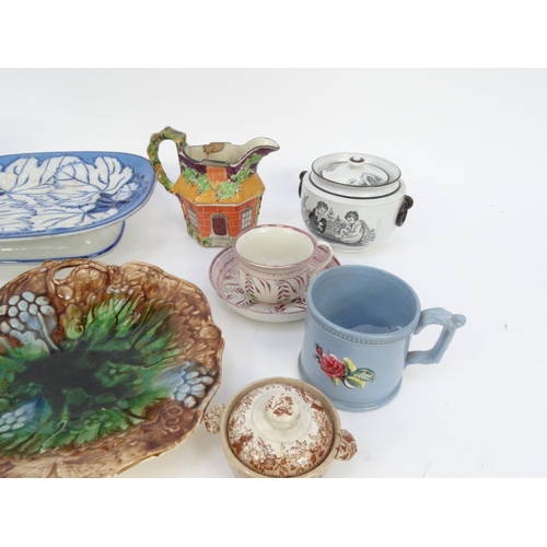 523 - Assorted Victorian china including graduated set of three jugs, lustre cup and saucer, Majolica dish... 