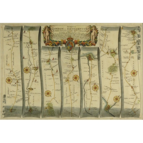 277 - Framed antique hand coloured map of the road from the city of Salisbury, hand coloured map of London... 