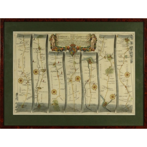 277 - Framed antique hand coloured map of the road from the city of Salisbury, hand coloured map of London... 