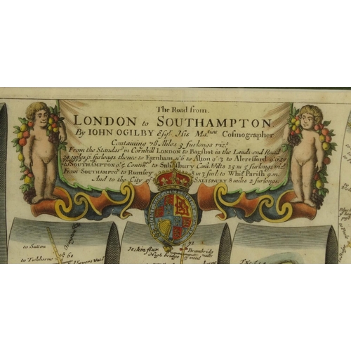 277 - Framed antique hand coloured map of the road from the city of Salisbury, hand coloured map of London... 