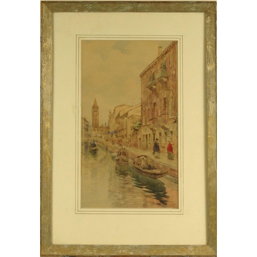 1334 - Watercolour of a Venetian river with moored boats and buildings, indistinctly signed, dated 99, part... 