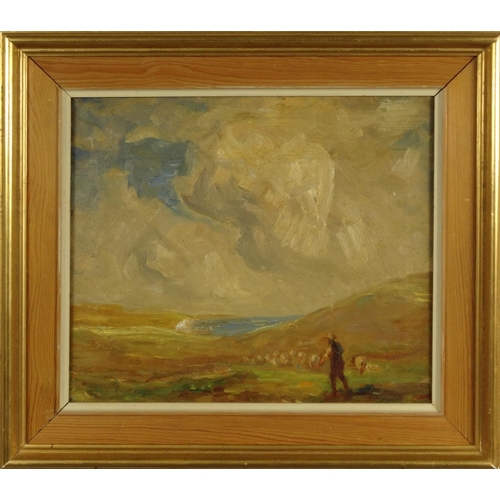 1329 - Oil onto canvas of a farmer with his sheep before a landscape setting, framed, 34cm x 30cm excluding... 