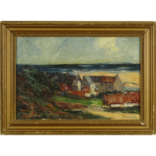 1344 - Oil onto board of a view from a hillside overlooking a seaside town, bearing a signature Dunlop, gil... 