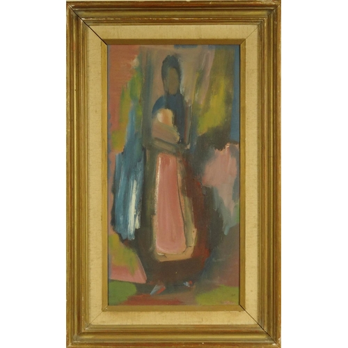 1342 - Oil onto board abstract composition of a standing lady, bearing an inscription to the reverse 'Eric ... 