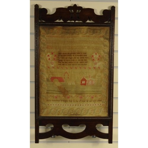 155 - Oak framed 19th century sampler of a house and bridge, Ann Johnson wrought this at the age of 10, da... 