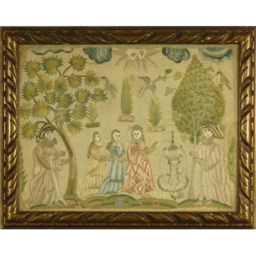 153 - Antique silkwork of a Continental religious scene, Rowley label to the reverse, framed, 35cm x 26cm ... 