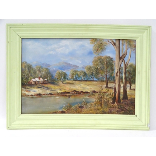 528 - Oil onto board view of ducks on a lake before a farm building and mountains, label to the reverse 'B... 