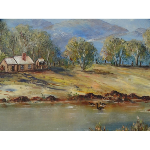 528 - Oil onto board view of ducks on a lake before a farm building and mountains, label to the reverse 'B... 