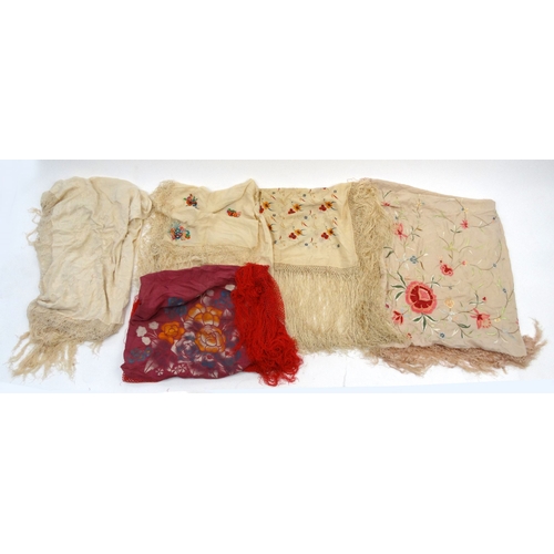 165 - Five assorted lady's silkwork shawls four with embroidered decoration , largest 120cms x 120cms