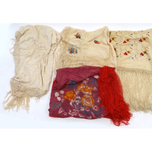 165 - Five assorted lady's silkwork shawls four with embroidered decoration , largest 120cms x 120cms