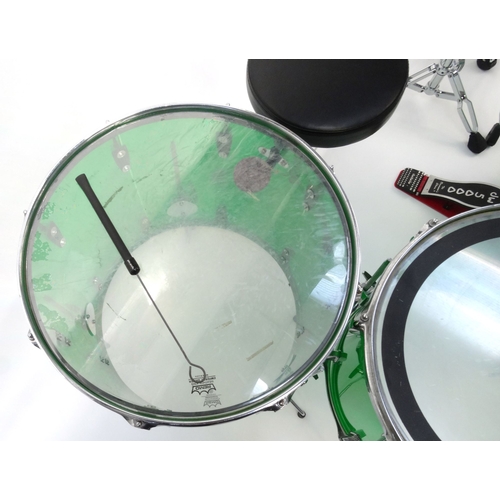 449 - Five piece 1970s Ludwig green Vistalite drum kit comprising 22inch base drum, 12 and 14inch toms, 16... 