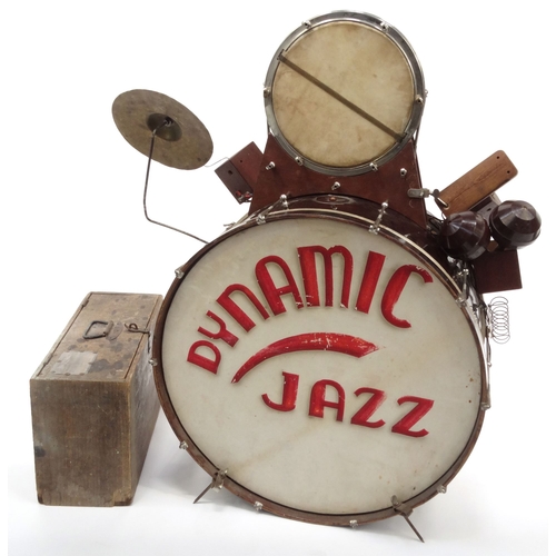 451 - French 1920's Dynamic Jazz electric drum kit with accessories, original owners card, travelling case... 