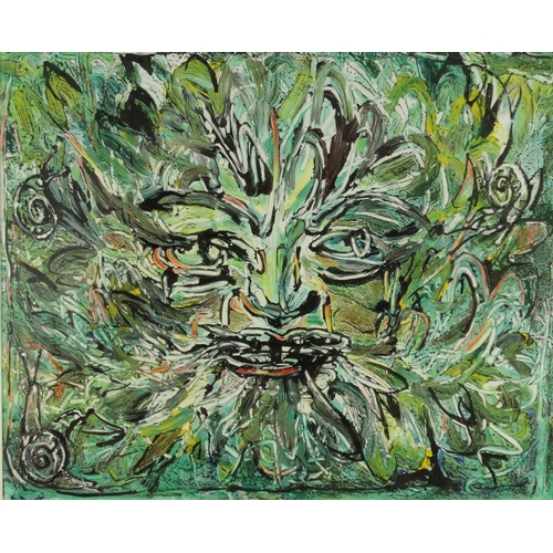 1325 - Ken Cox  - Oil onto paper abstract composition titled 'The Green Man', dated 89, Ken Cox label to th... 