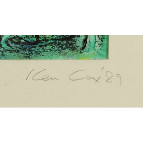 1325 - Ken Cox  - Oil onto paper abstract composition titled 'The Green Man', dated 89, Ken Cox label to th... 