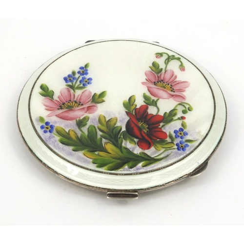 204 - Lady's silver floral enamelled compact dated H.C.D Birmingham 1958, 7.5cm diameter