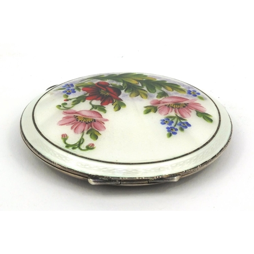 204 - Lady's silver floral enamelled compact dated H.C.D Birmingham 1958, 7.5cm diameter