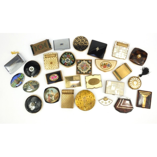 206 - Large selection of lady's compacts including Art Deco cigarette cased example, the largest 10cm diam... 