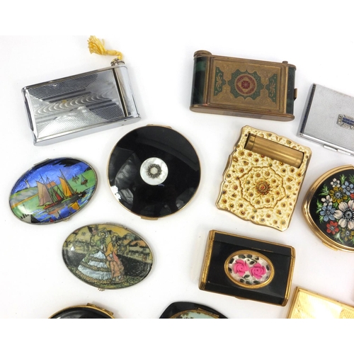 206 - Large selection of lady's compacts including Art Deco cigarette cased example, the largest 10cm diam... 