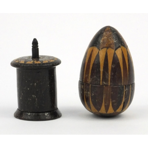 58A - Victorian wooden Tunbridge ware egg-shaped thimble holder, together with a tape measure, the largest... 