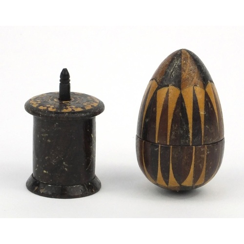 58A - Victorian wooden Tunbridge ware egg-shaped thimble holder, together with a tape measure, the largest... 