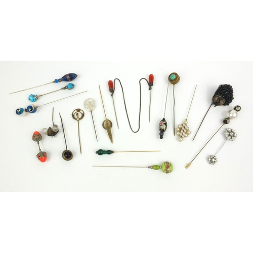 161 - Selection of Victorian and later hat pins, cloak pin, some millefiore glass examples, the largest 6c... 