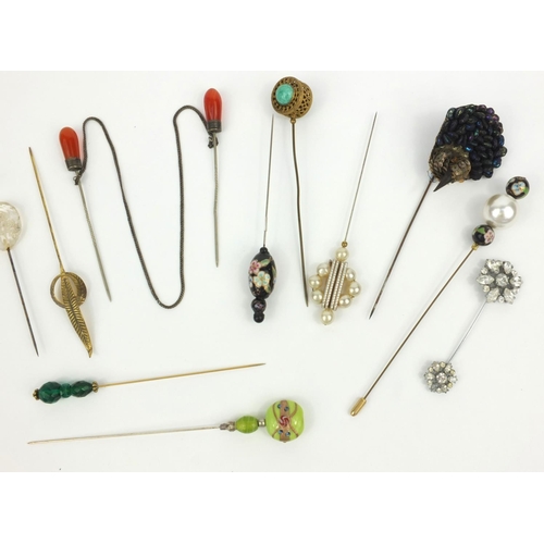 161 - Selection of Victorian and later hat pins, cloak pin, some millefiore glass examples, the largest 6c... 