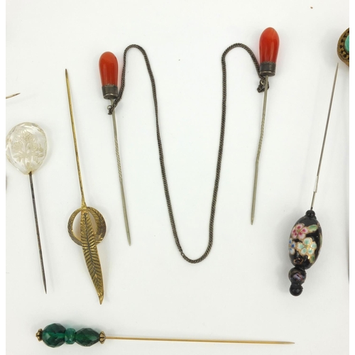 161 - Selection of Victorian and later hat pins, cloak pin, some millefiore glass examples, the largest 6c... 