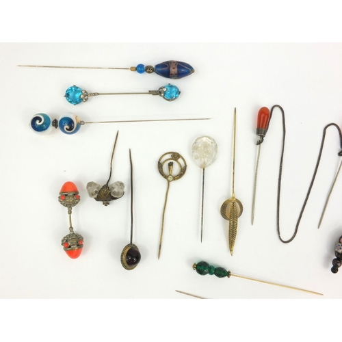 161 - Selection of Victorian and later hat pins, cloak pin, some millefiore glass examples, the largest 6c... 