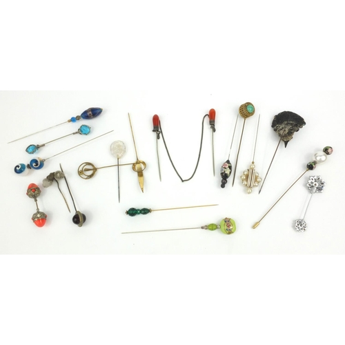 161 - Selection of Victorian and later hat pins, cloak pin, some millefiore glass examples, the largest 6c... 