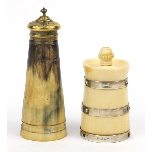 31 - Ivory silver banded peppermill, Birmingham 1893, together with a horn pepperpot, the larger 12cm hig... 