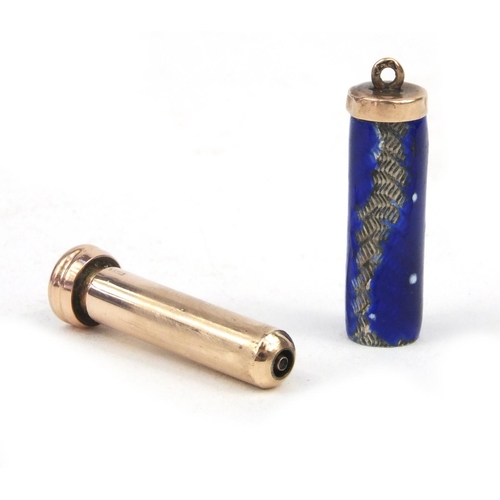 103 - 9ct gold propelling pencil with blue enamel and 9ct gold case, 3cm high when closed