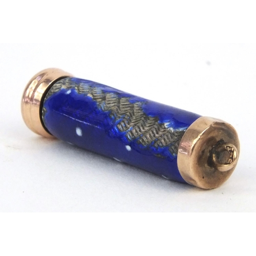 103 - 9ct gold propelling pencil with blue enamel and 9ct gold case, 3cm high when closed