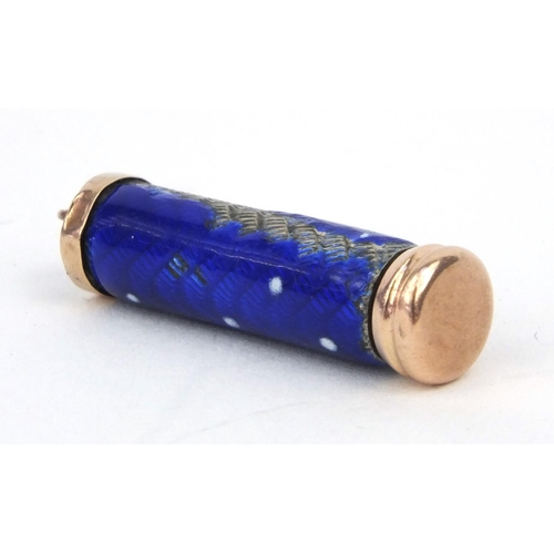 103 - 9ct gold propelling pencil with blue enamel and 9ct gold case, 3cm high when closed