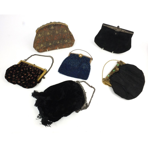 176 - Group of six vintage clutch bags with cut steel beadwork, Art Deco diamante examples