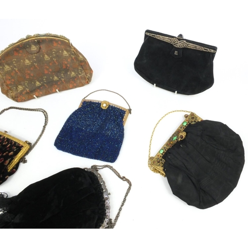 176 - Group of six vintage clutch bags with cut steel beadwork, Art Deco diamante examples