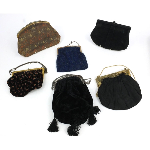 176 - Group of six vintage clutch bags with cut steel beadwork, Art Deco diamante examples