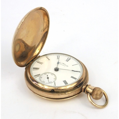 1289 - Gold plated Waltham full hunter pocket watch with engraved floral decoration, 5.5cm diameter